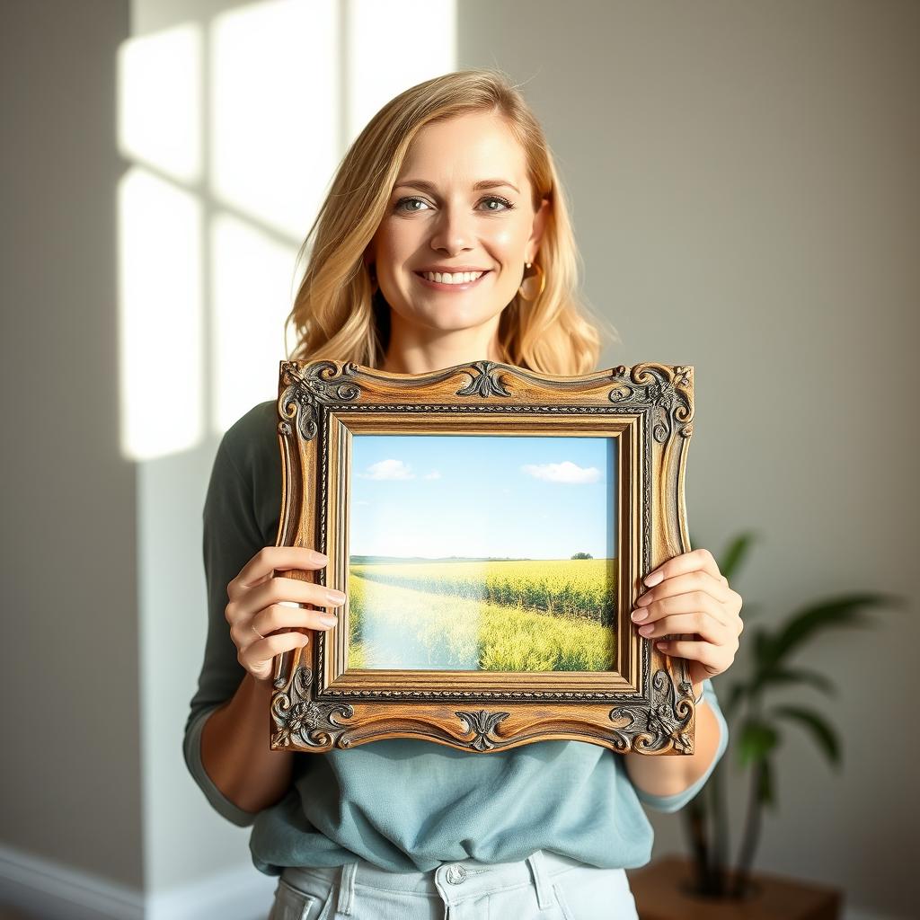 A woman holding a beautifully framed photo inside a rustic wooden frame