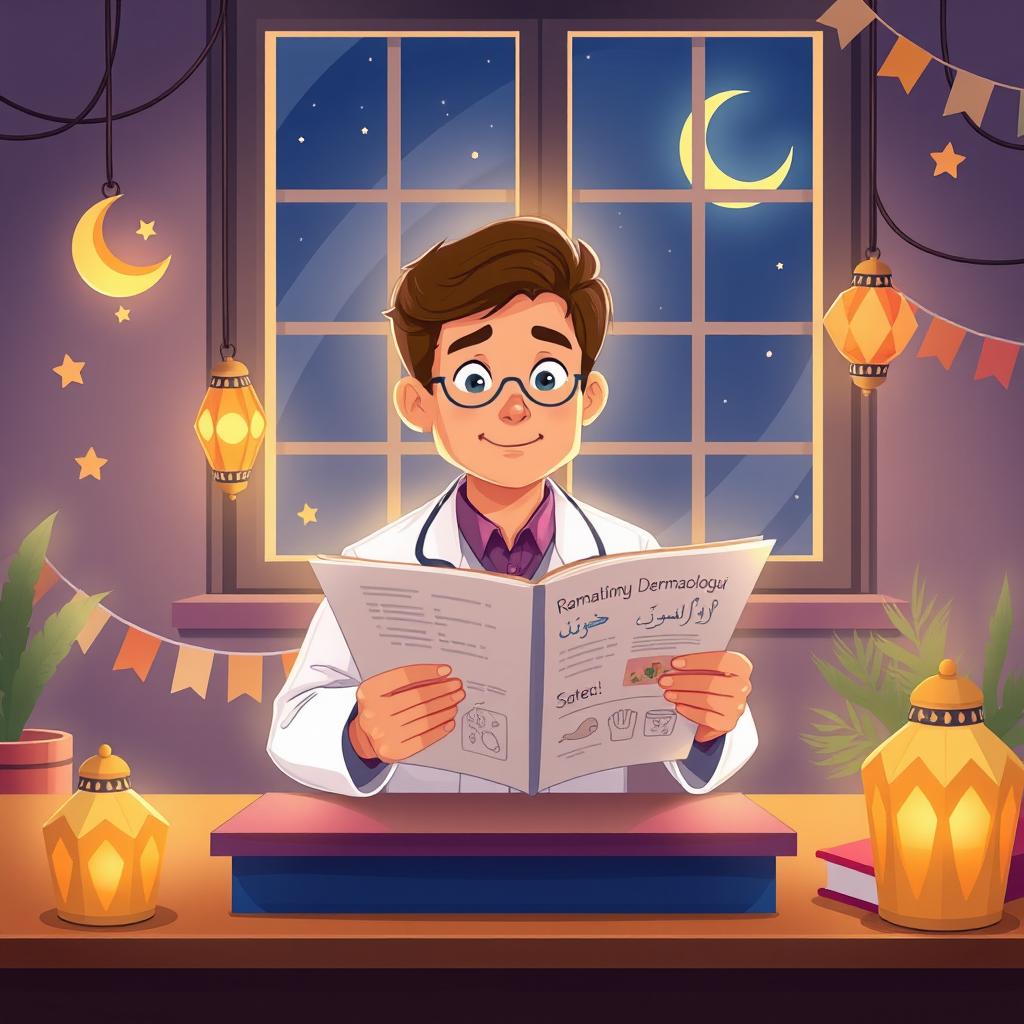 A cartoon image depicting a medical student studying dermatology during Ramadan