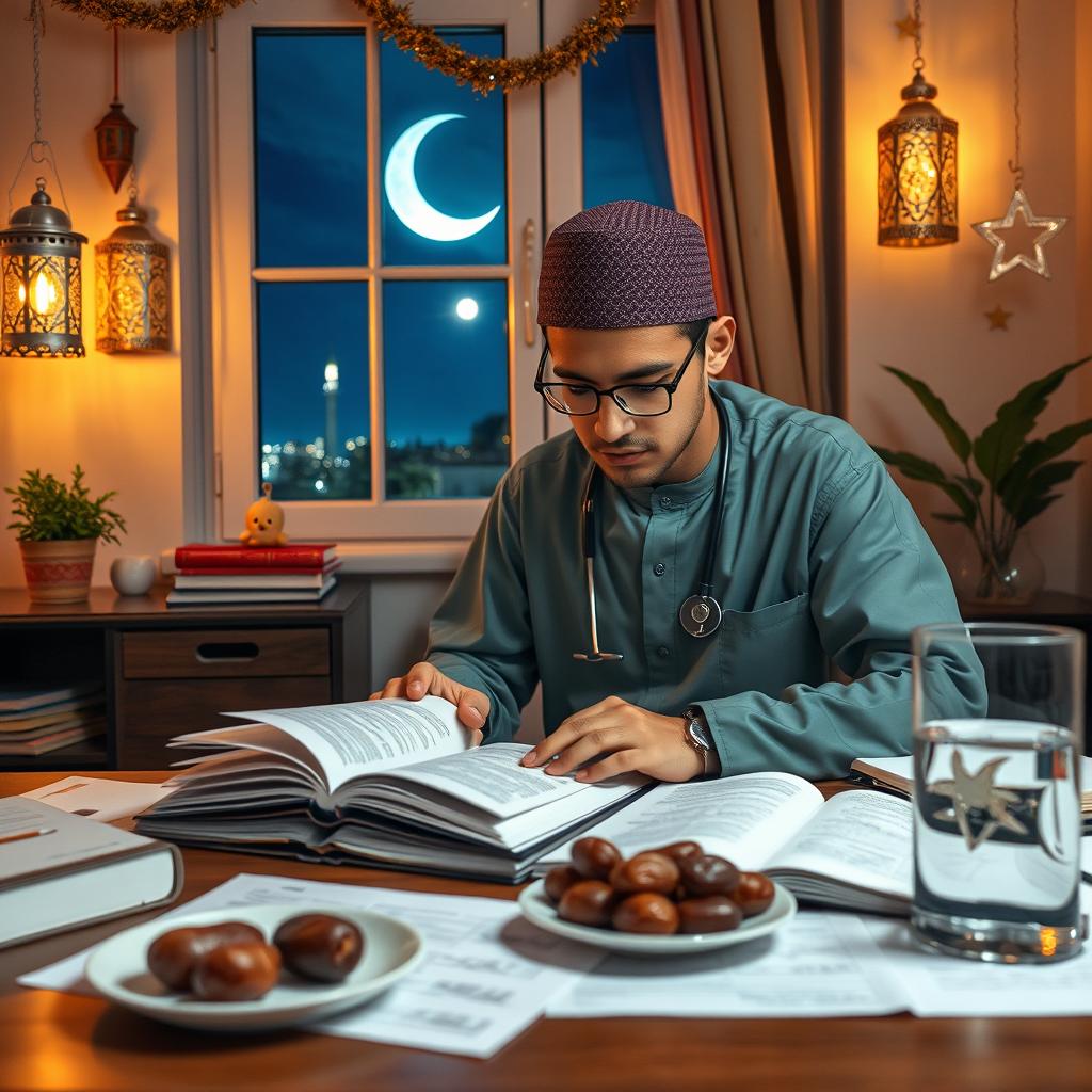 A medical student deeply focused on studying for a dermatology exam, surrounded by books and notes scattered on a desk