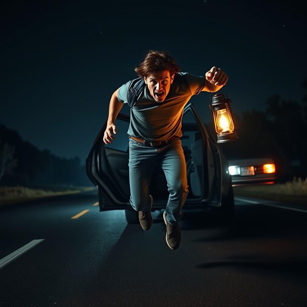 A dramatic scene capturing a man named Ricardo, with a look of urgency on his face, jumping out of a car