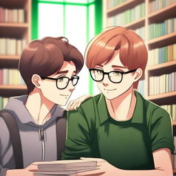 This is a high-quality digital art image showcasing a tender moment between two handsome high school boys in a library