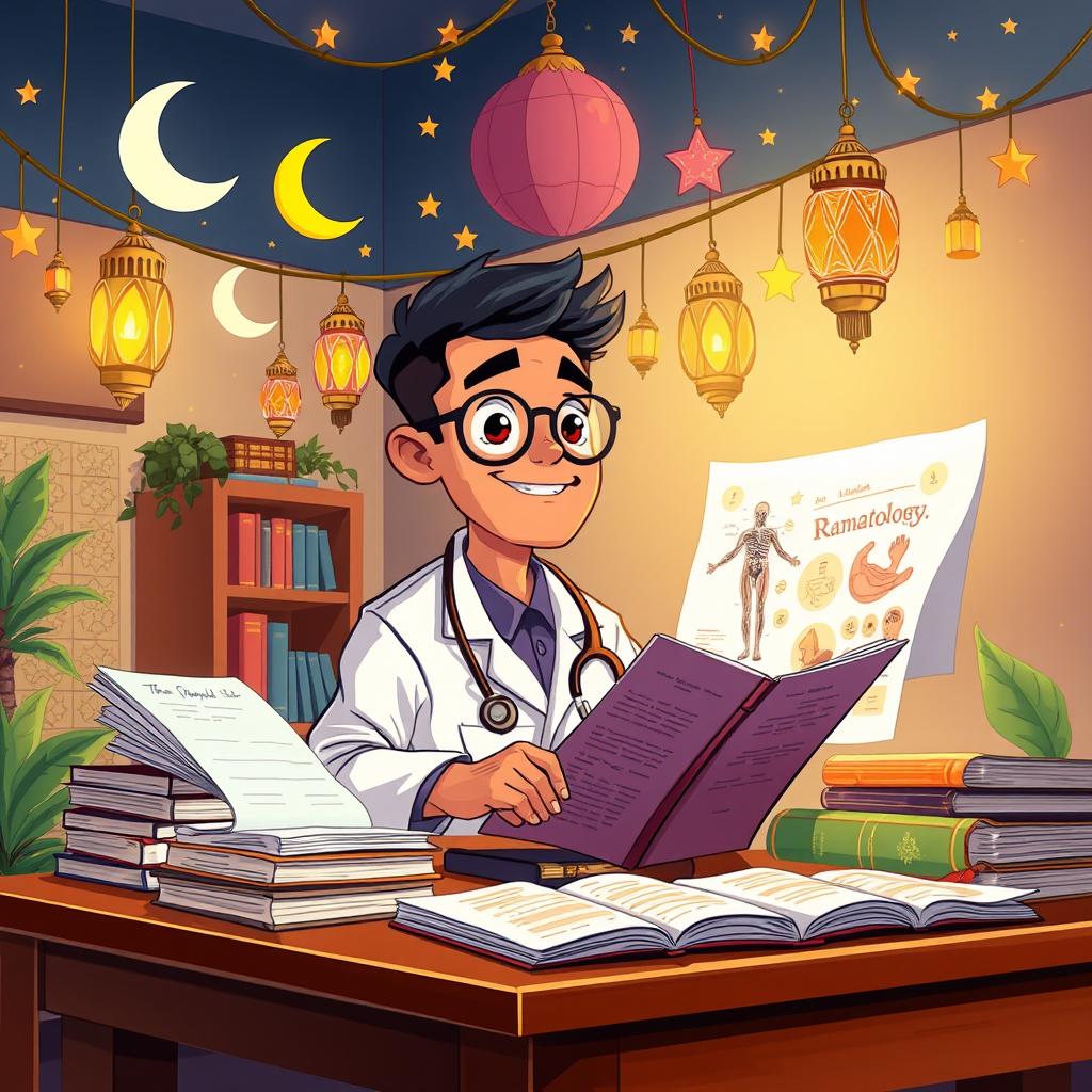 A vibrant cartoon image of a medical student studying for a dermatology exam