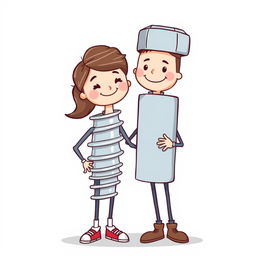 A whimsical and playful illustration of a couple, where one partner is dressed as a screw and the other as a bolt