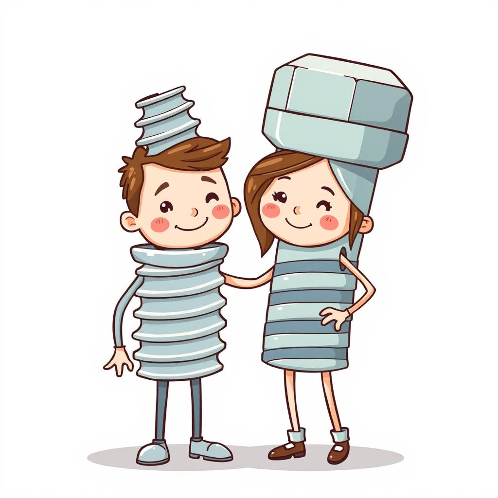A whimsical and playful illustration of a couple, where one partner is dressed as a screw and the other as a bolt