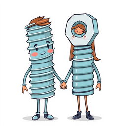 A whimsical and playful illustration of a couple, where one partner is dressed as a screw and the other as a bolt