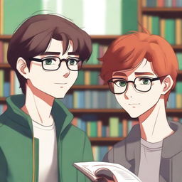 This is a high-quality digital art image showcasing a tender moment between two handsome high school boys in a library