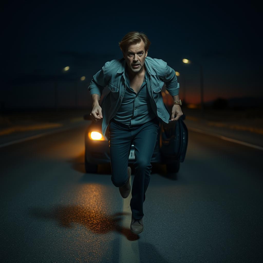 Ricardo, a middle-aged man with an intense expression, jumps out of a car, leaving a flashlight behind as he runs down a deserted road