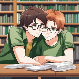 This is a high-quality digital art image showcasing a tender moment between two handsome high school boys in a library