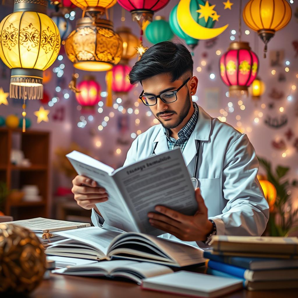 A medical student immersed in studying a dermatology book during Ramadan, surrounded by vibrant traditional Ramadan decorations such as lanterns, crescent moons, and stars