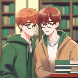 This is a high-quality digital art image showcasing a tender moment between two handsome high school boys in a library