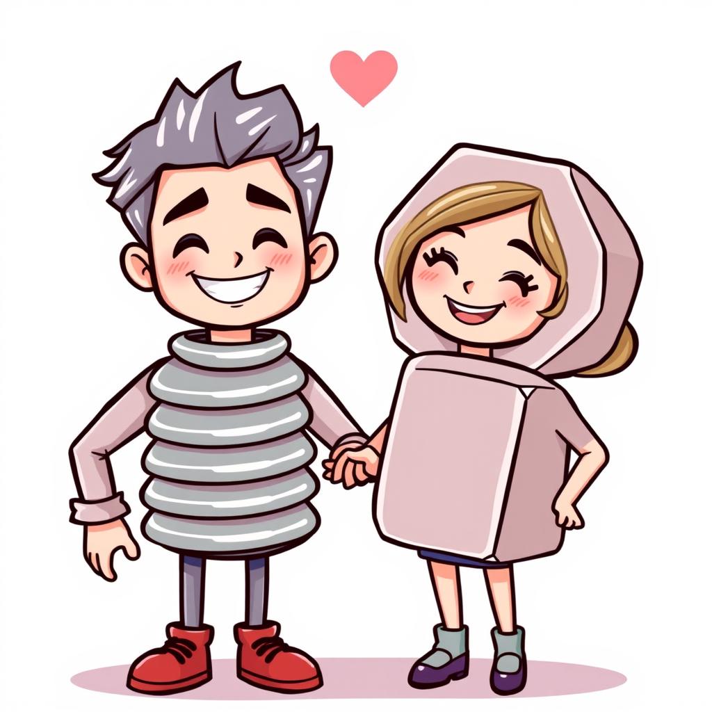 A fun and playful illustration of a couple, where one partner is dressed as a screw and the other as a nut
