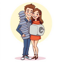 A fun and playful illustration of a couple, where one partner is dressed as a screw and the other as a nut