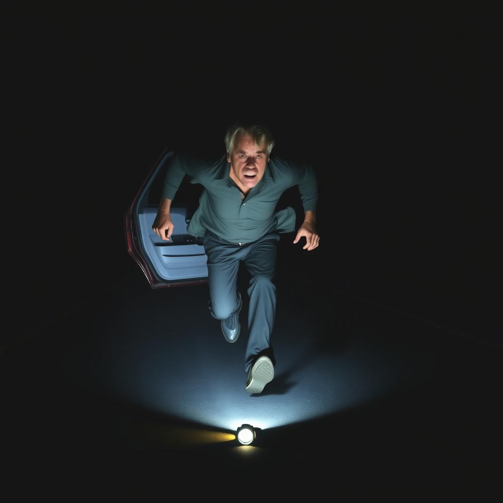 Ricardo, a middle-aged man with a distressed expression, jumps out of a car, leaving a flashlight behind as he sprints down a completely dark road