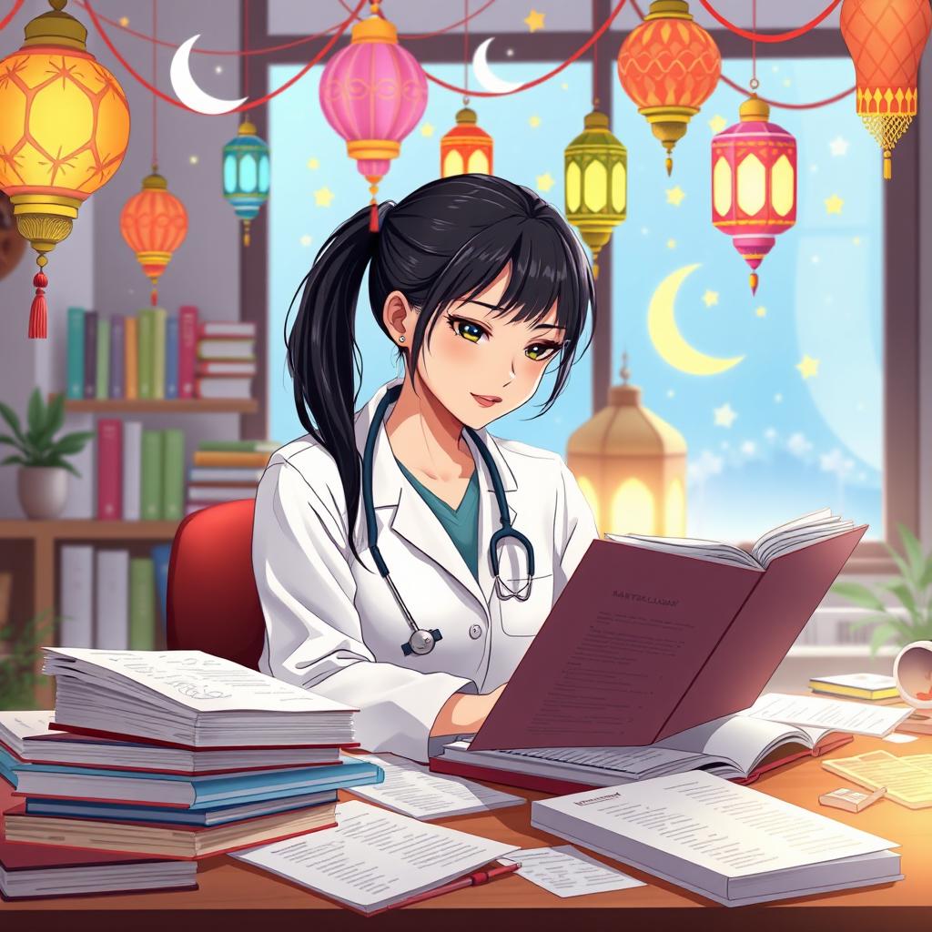 An anime-style illustration of a dedicated medical student studying for a dermatology exam
