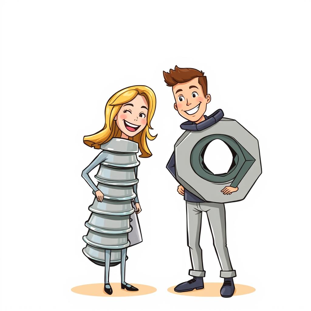 A whimsical illustration of a couple, where the woman is creatively dressed as a screw and the man is styled as a nut