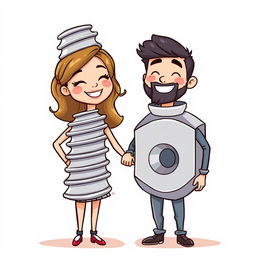 A whimsical illustration of a couple, where the woman is creatively dressed as a screw and the man is styled as a nut