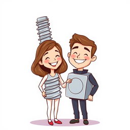 A whimsical illustration of a couple, where the woman is creatively dressed as a screw and the man is styled as a nut