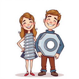 A whimsical illustration of a couple, where the woman is creatively dressed as a screw and the man is styled as a nut