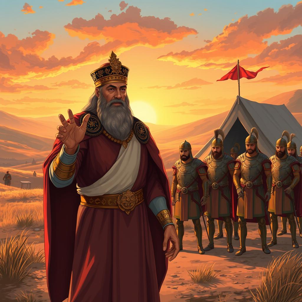 An illustration depicting a dramatic scene from ancient Persia, where a king issues a command to mobilize his troops