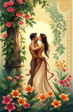 A beautifully illustrated scene inspired by the KAMA SUTRA, showcasing a couple in an intimate embrace, surrounded by lush greenery and vibrant flowers