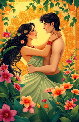 A beautifully illustrated scene inspired by the KAMA SUTRA, showcasing a couple in an intimate embrace, surrounded by lush greenery and vibrant flowers
