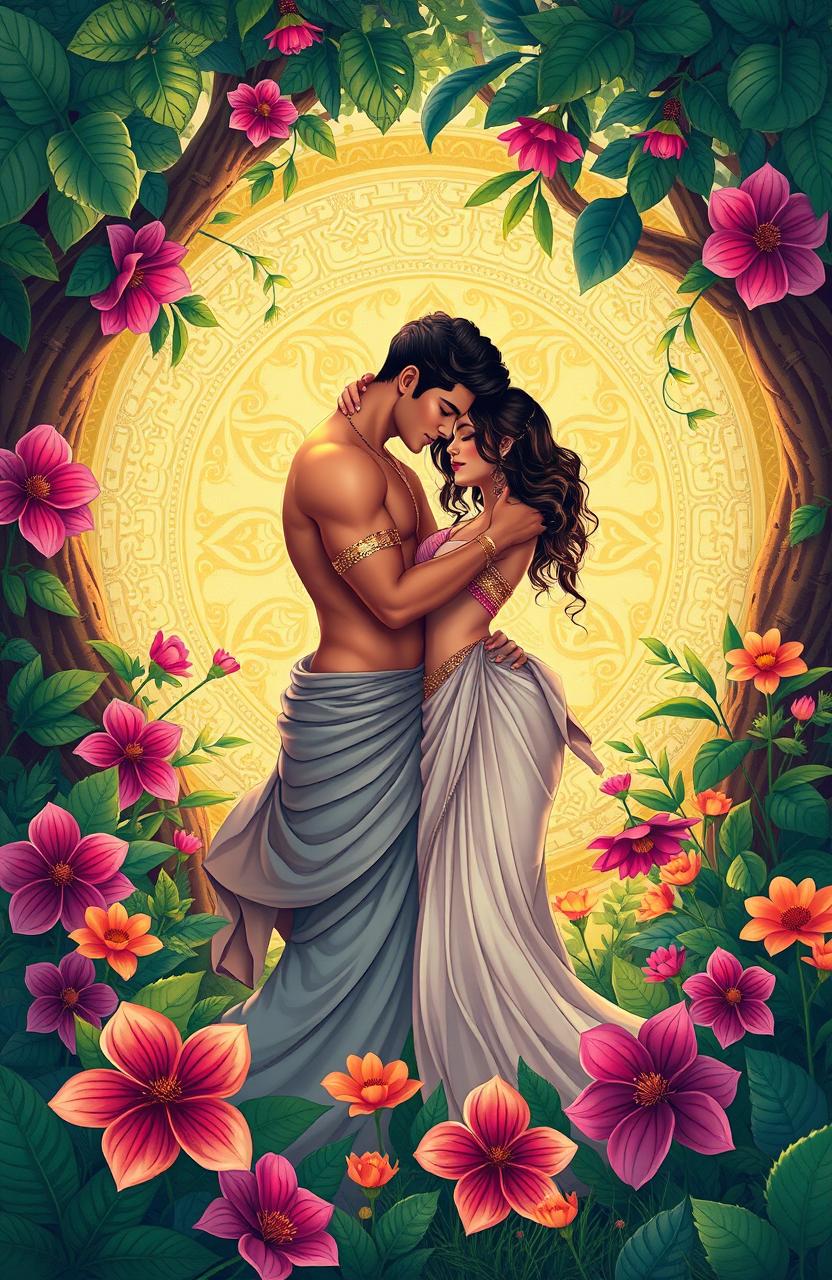 A beautifully illustrated scene inspired by the KAMA SUTRA, showcasing a couple in an intimate embrace, surrounded by lush greenery and vibrant flowers