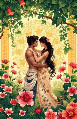 A beautifully illustrated scene inspired by the KAMA SUTRA, showcasing a couple in an intimate embrace, surrounded by lush greenery and vibrant flowers