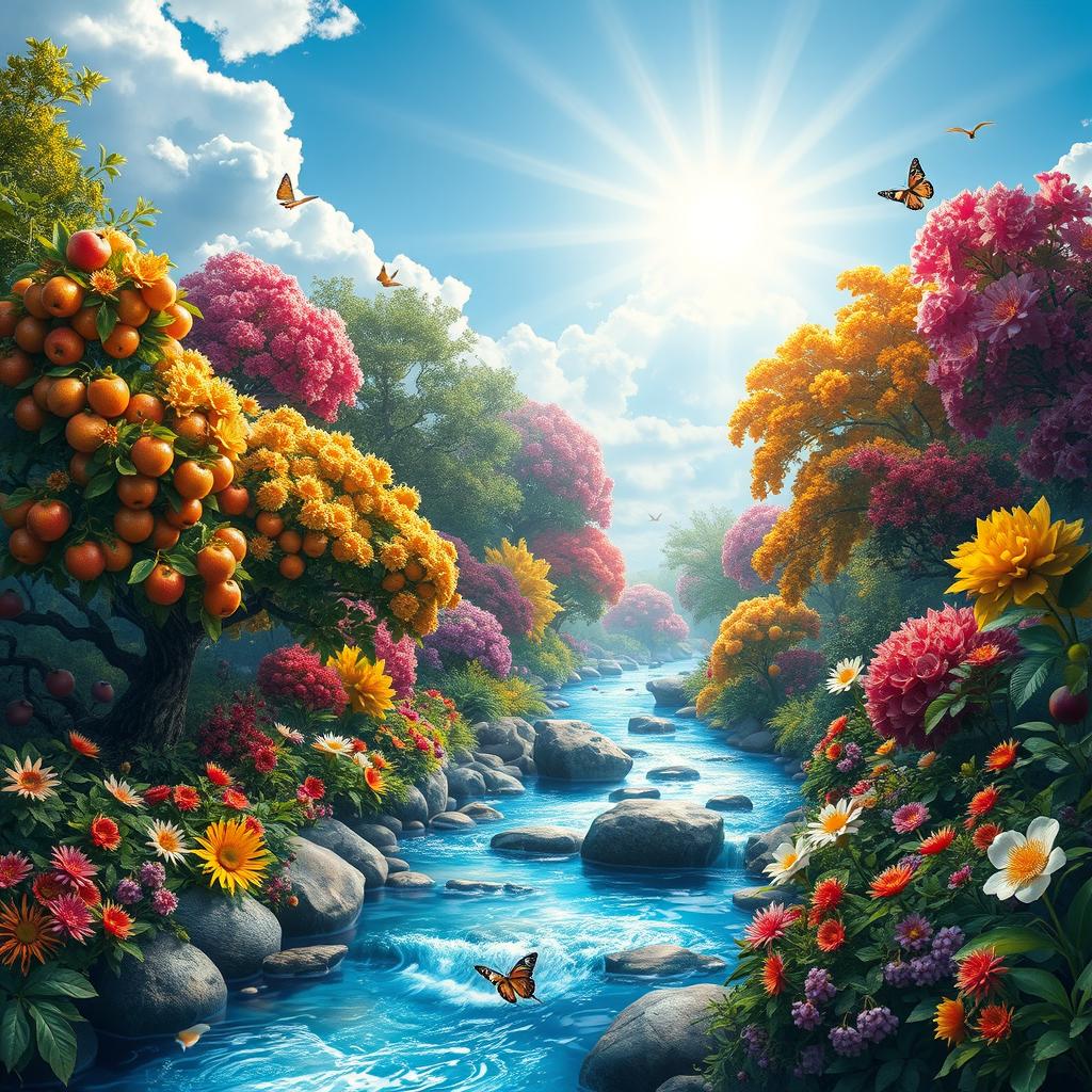 A lush, vibrant depiction of the Garden of Eden, featuring an abundance of colorful fruit trees like apple, pomegranate, and fig, blending seamlessly under a bright and radiant sky