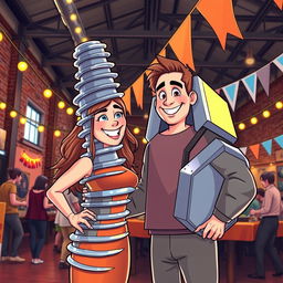 A lively scene depicting a couple at a party in an industrial warehouse, with the woman dressed as a screw and the man as a nut