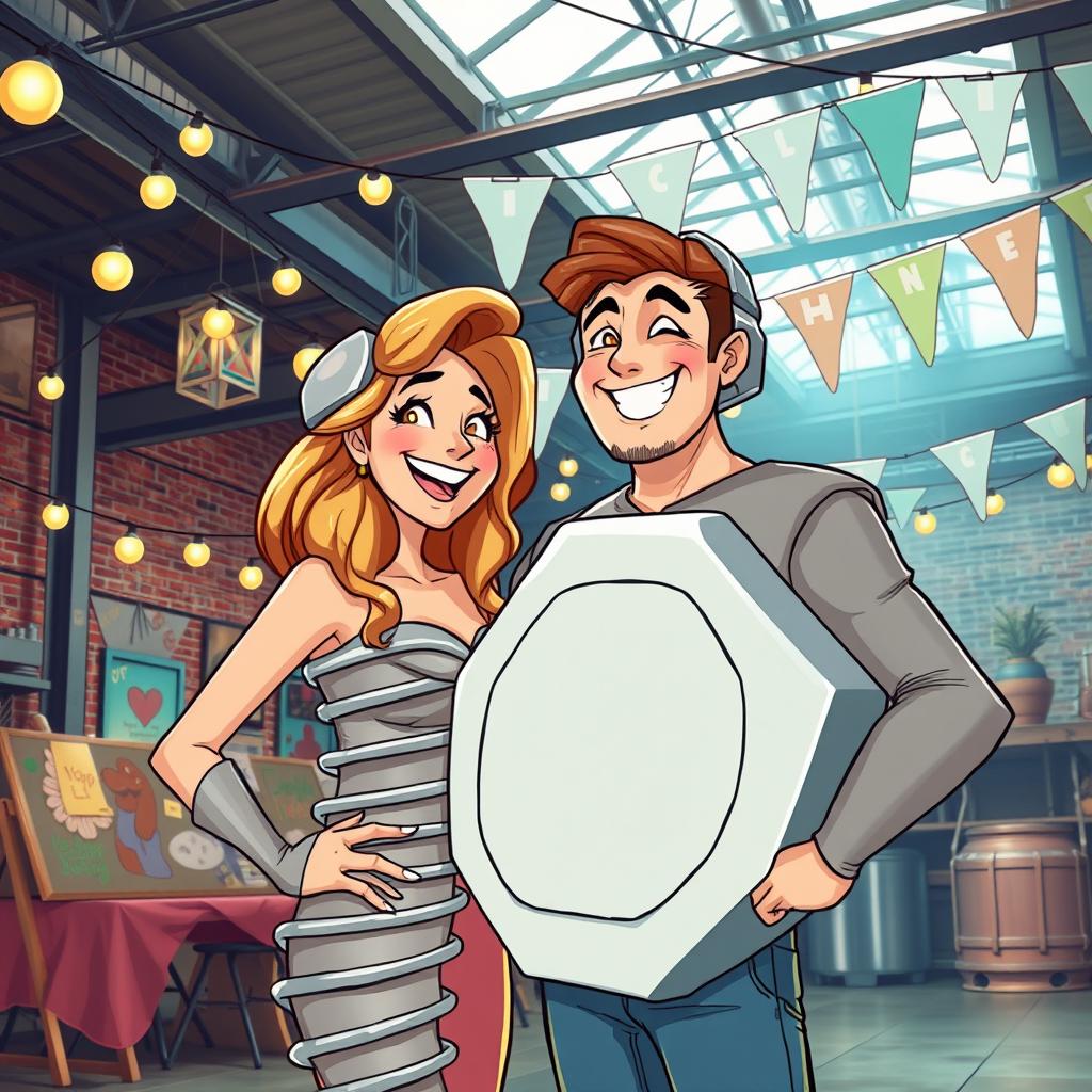 A lively scene depicting a couple at a party in an industrial warehouse, with the woman dressed as a screw and the man as a nut