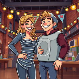 A lively scene depicting a couple at a party in an industrial warehouse, with the woman dressed as a screw and the man as a nut