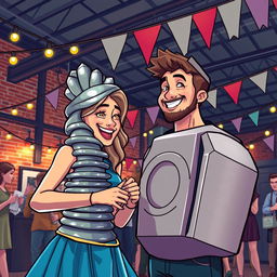 A lively scene depicting a couple at a party in an industrial warehouse, with the woman dressed as a screw and the man as a nut