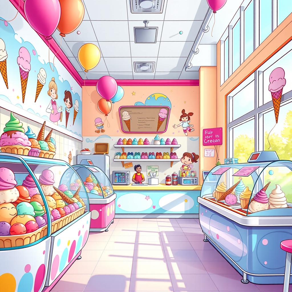 A digital illustration of the interior of an ice cream shop, depicted in a vibrant, colorful, cartoonish, and fantasy style