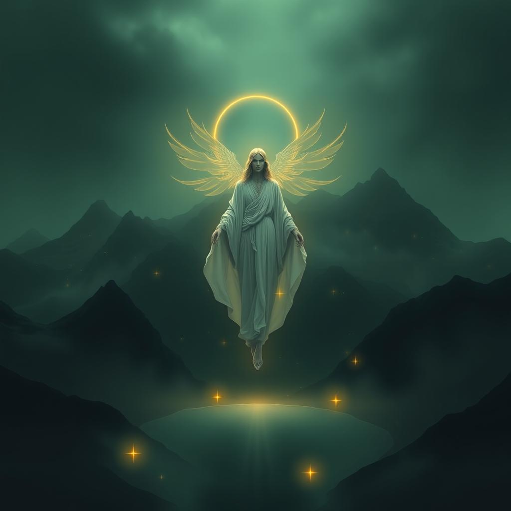 A celestial being or deity depicted in a vast, ethereal landscape, centrally positioned amidst a misty, dark-green sky and landscape