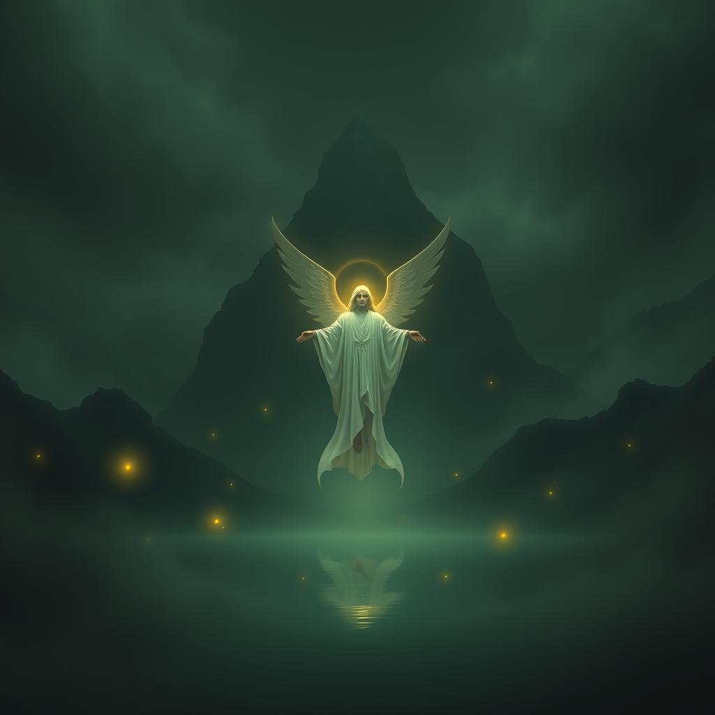 A celestial being or deity depicted in a vast, ethereal landscape, centrally positioned amidst a misty, dark-green sky and landscape