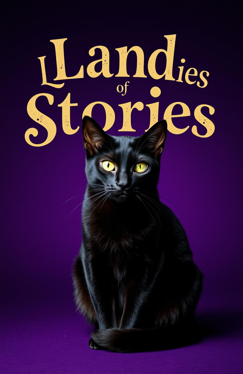 A sleek black cat sitting gracefully against a rich dark purple background