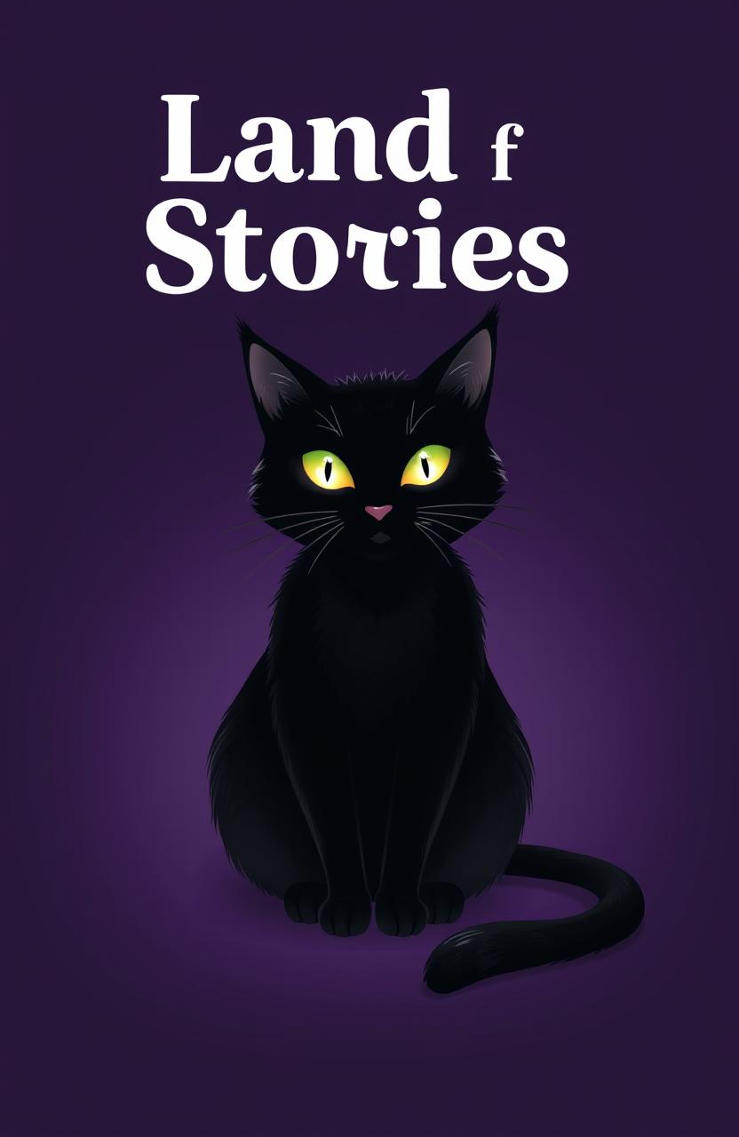 A majestic black cat sitting gracefully against a dark purple background, its fur glistening subtly in the soft light