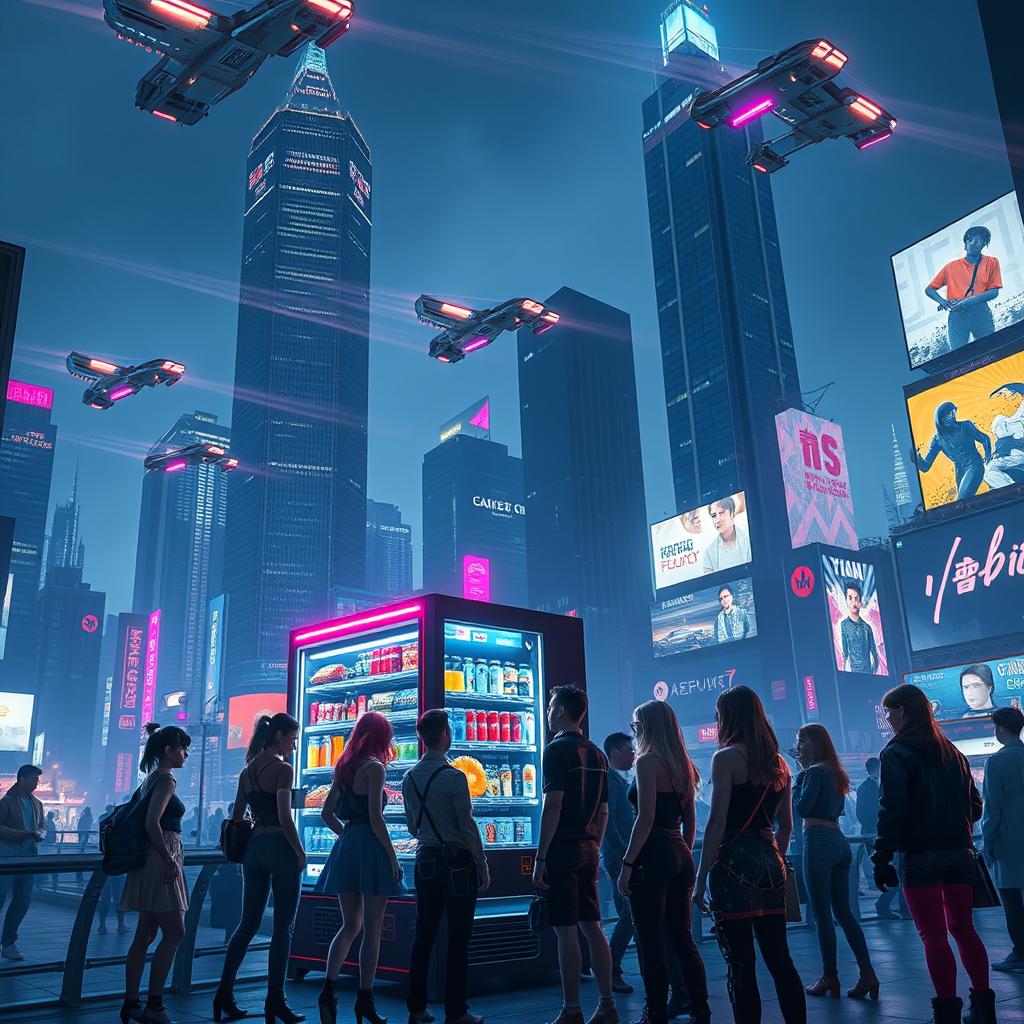 A futuristic cityscape at night, illuminated by neon lights, with flying cars zooming through the sky