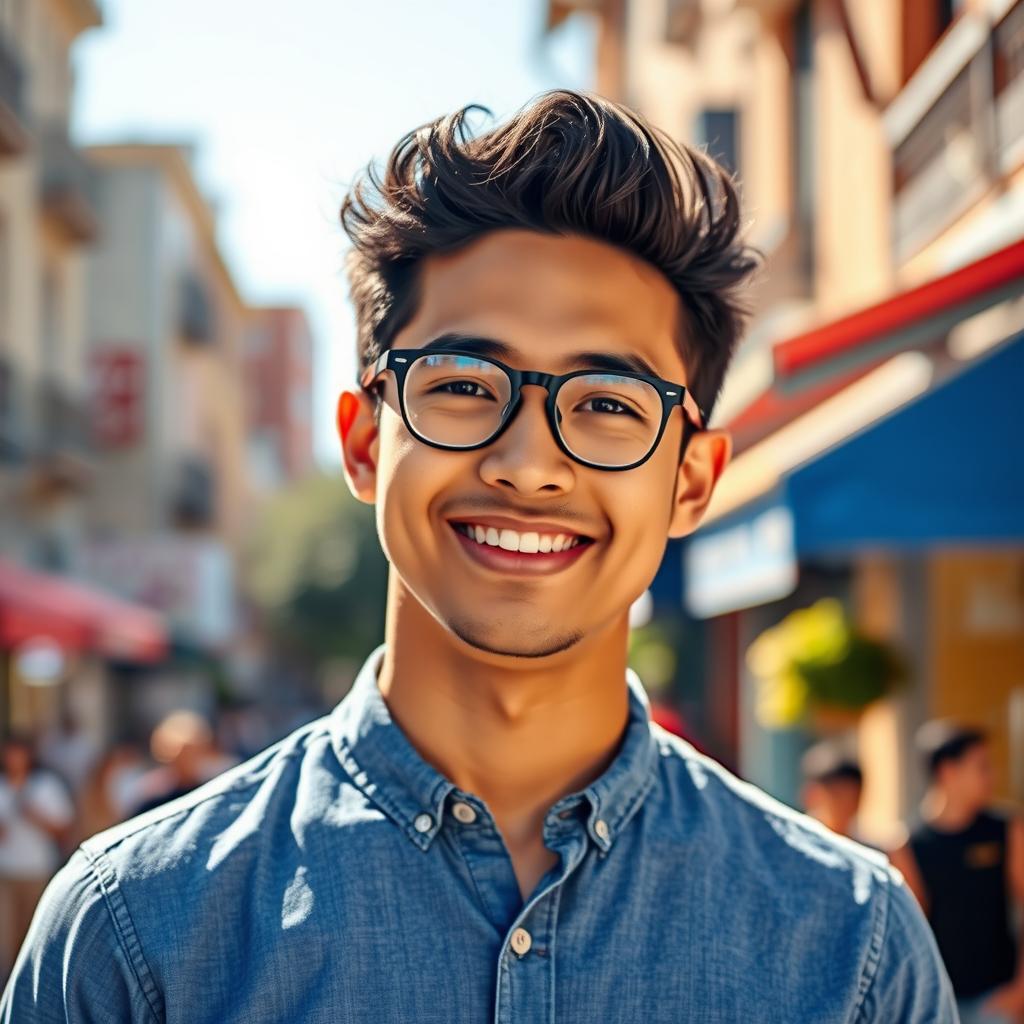 A beautiful 25-year-old man with black hair wearing a blue shirt, smiling confidently
