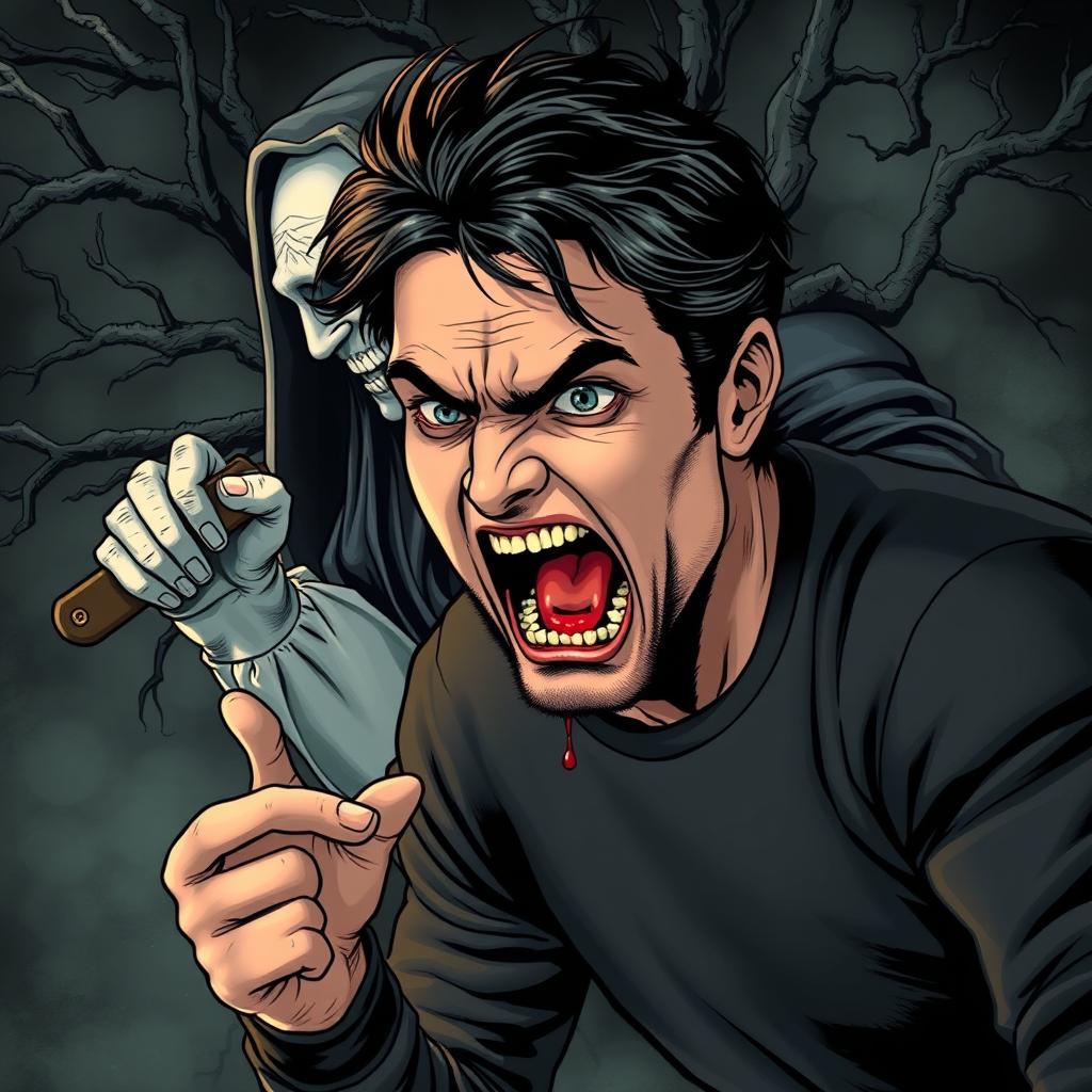 A man with dark hair depicted in a dramatic, stylized illustration, positioned in the center-left of the frame