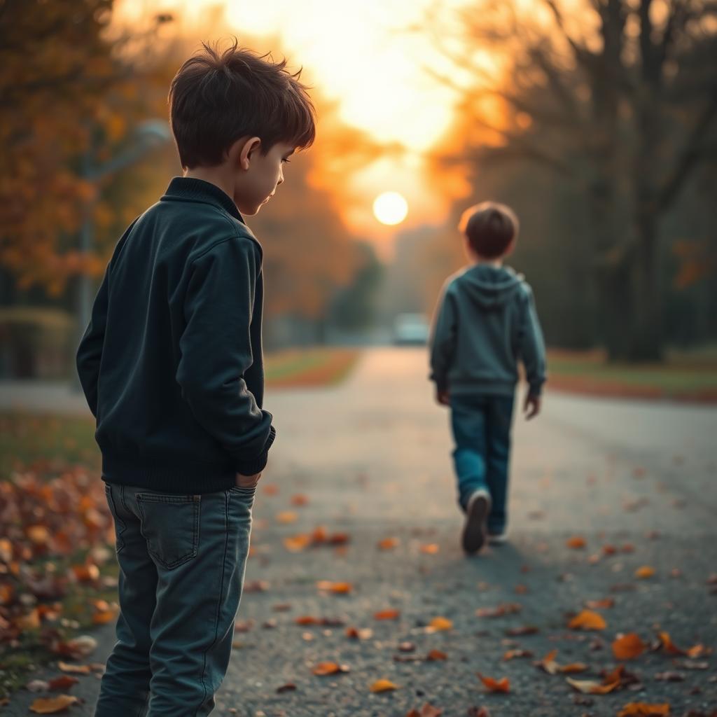 A poignant scene depicting a boy standing alone, gazing with a look of regret on his face at the back of another boy who is walking away