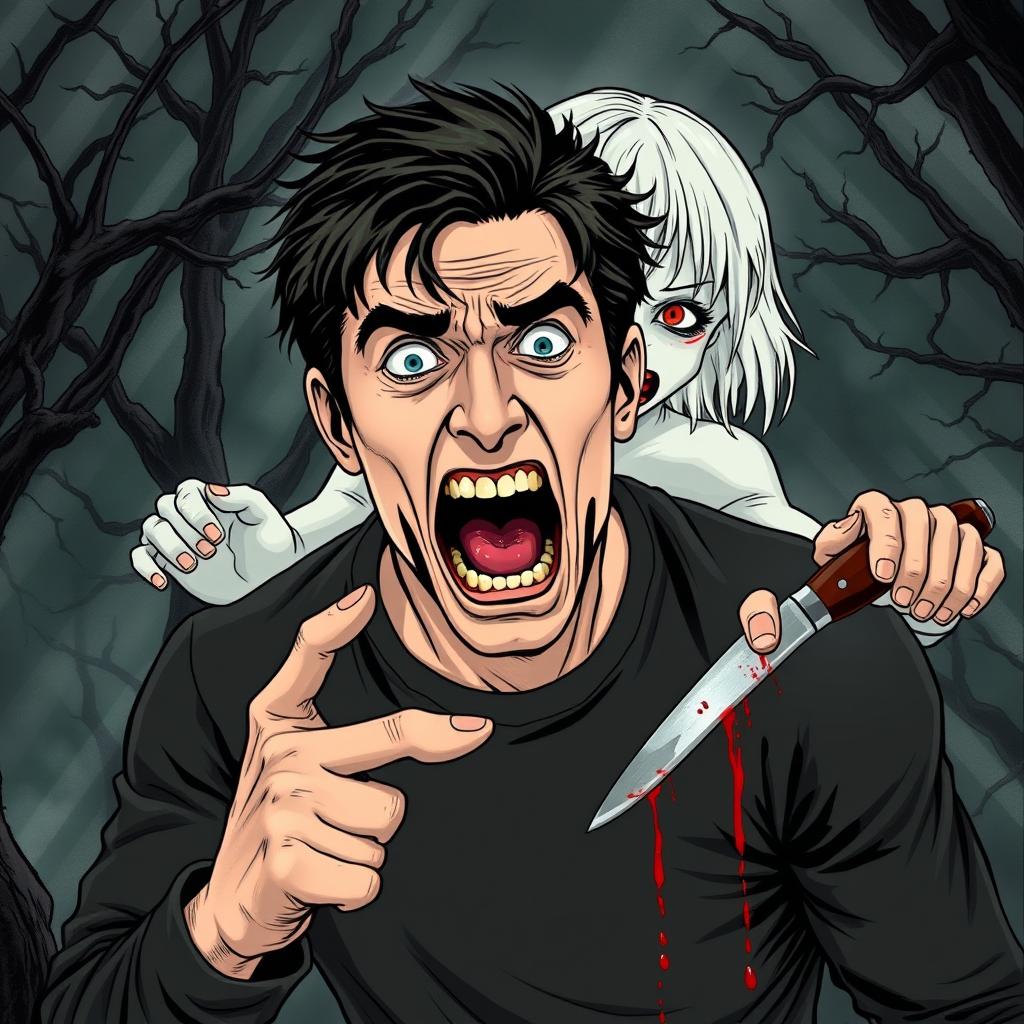 A man with dark hair depicted in a dramatic, stylized illustration, positioned in the center-left of the frame