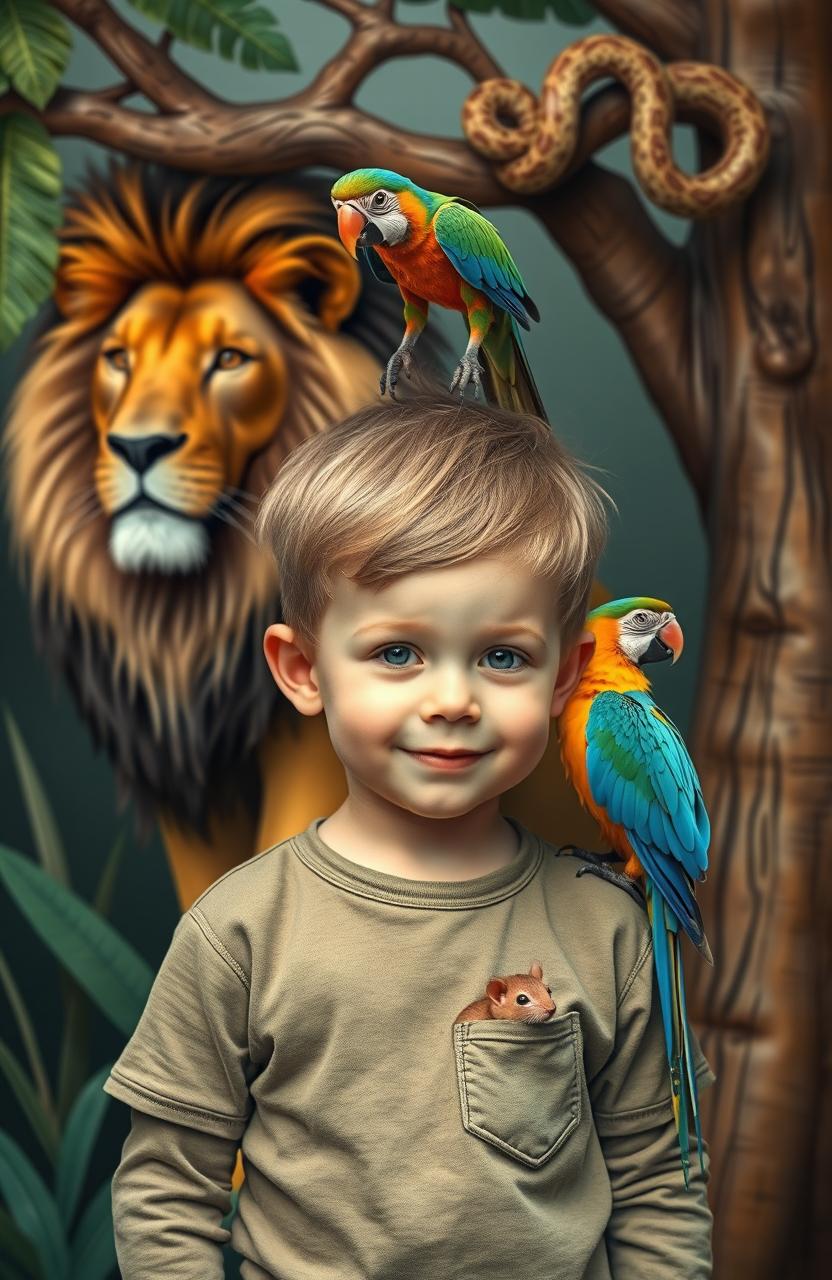 A whimsical scene featuring a four-year-old child with a mouse peeking out of his pocket