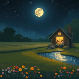 A cozy night scene depicting a couple enjoying tea inside a charming cottage