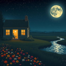 A cozy night scene depicting a couple enjoying tea inside a charming cottage