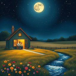 A cozy night scene depicting a couple enjoying tea inside a charming cottage