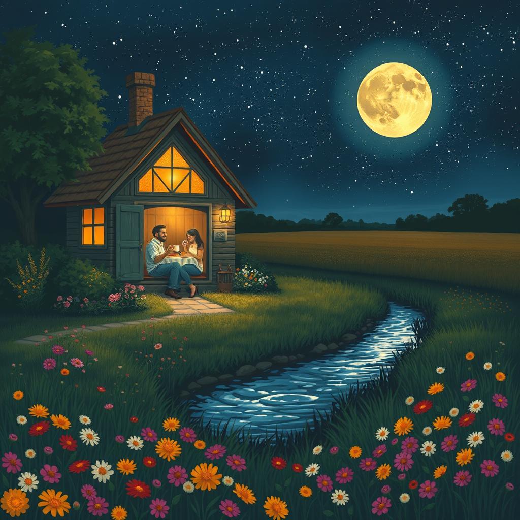 A cozy night scene depicting a couple enjoying tea inside a charming cottage