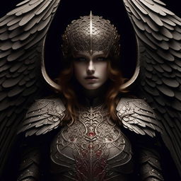 Close-up, symmetrical portrait of a gothic angel wearing intricately detailed, heavenly armour, smeared with blood, captured in ultra detail.