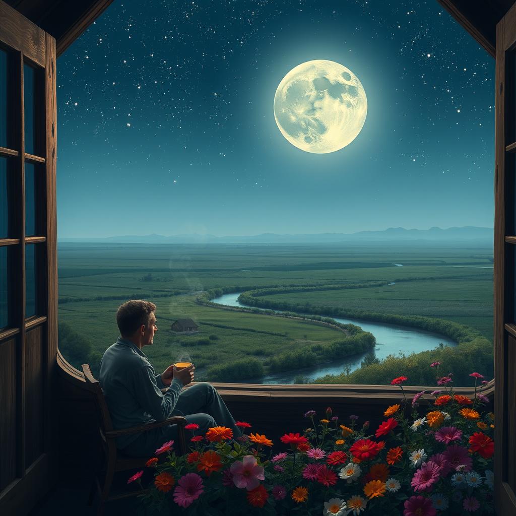 A cozy night scene inside a rustic cottage, featuring an intimate setting with a couple sitting together, enjoying cups of steaming tea
