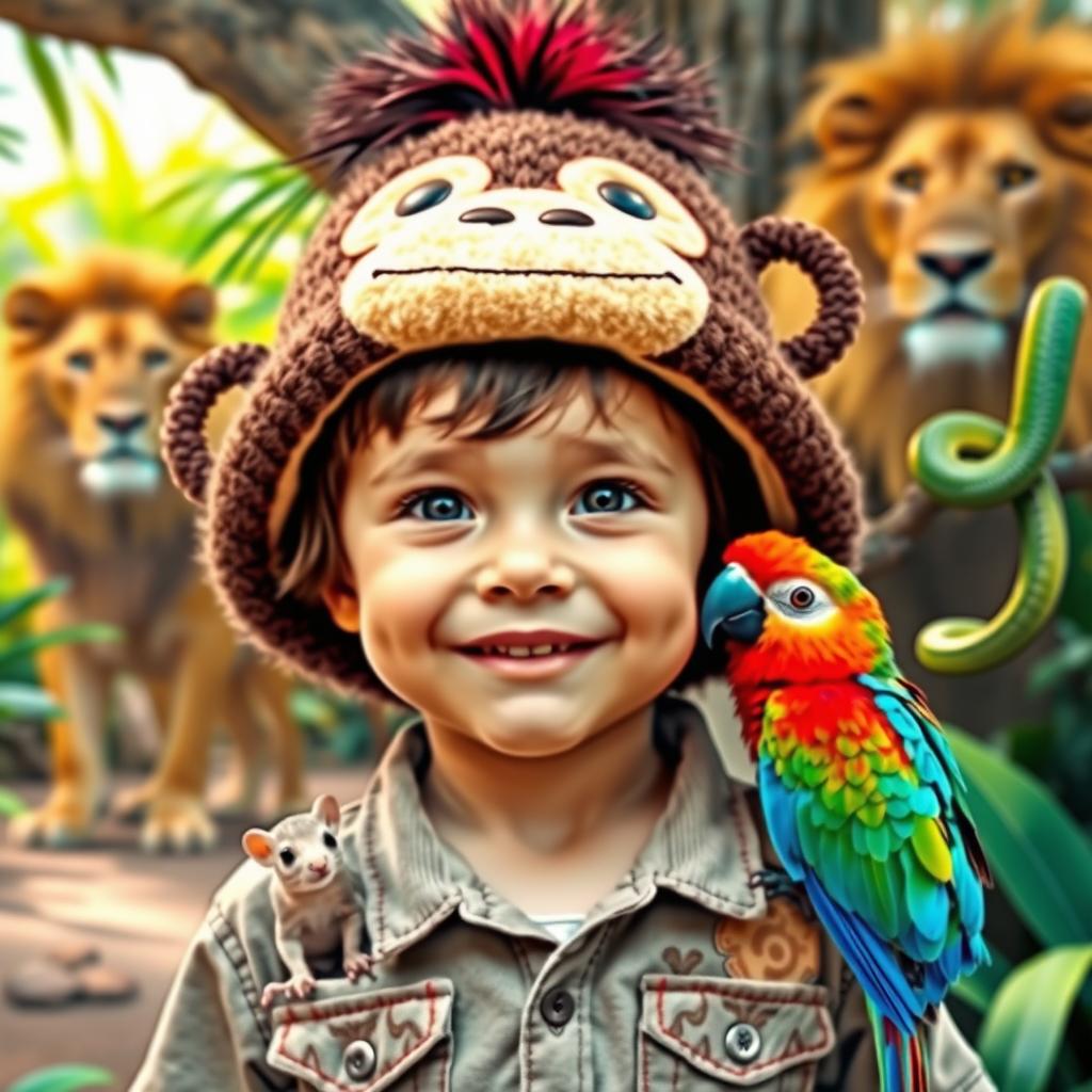 A whimsical scene featuring a four-year-old child with a playful expression, wearing a colorful monkey hat